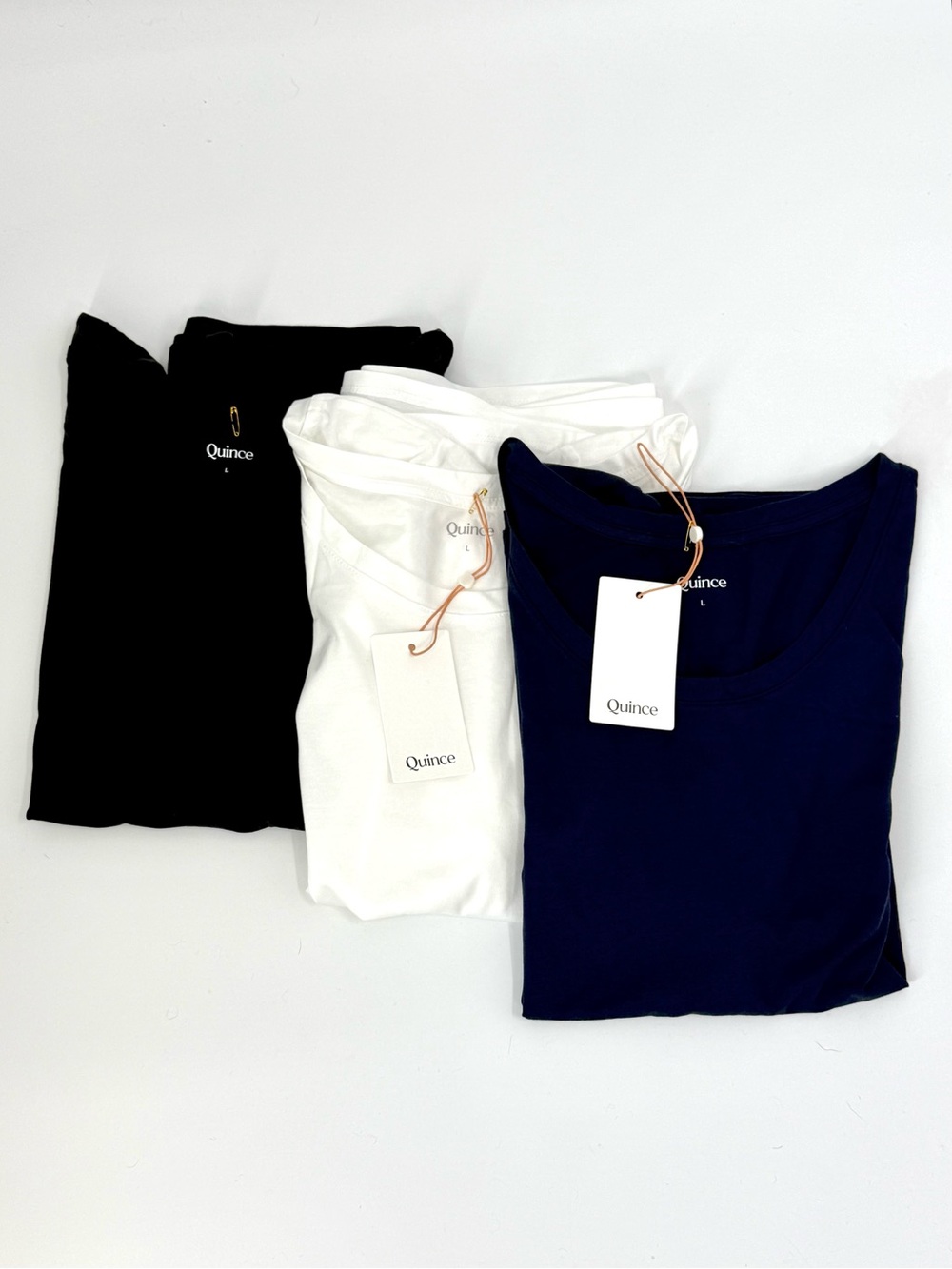Quince LOT of 3 Cotton Modal Scoop Neck Tee Shirts, White, Navy,Black, SZ L, NWT
